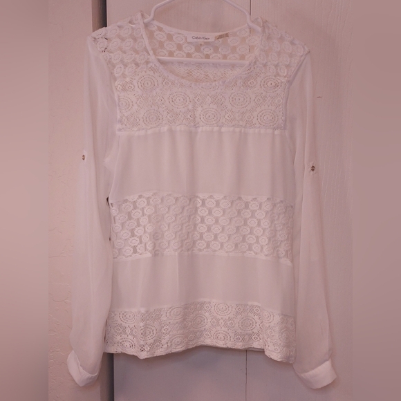 Calvin Klein White Chiffon Lace Crochet Detail Blouse Size Small Sheer Top Boho - Picture 11 of 11